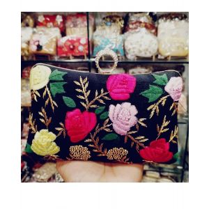 Black Floral Thread Embroidered Clutch