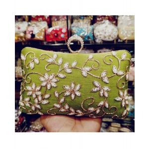 Parrot Green Hand Embroidered Clutch