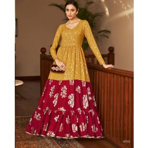 Mustard and Maroon Foil Printed long gown